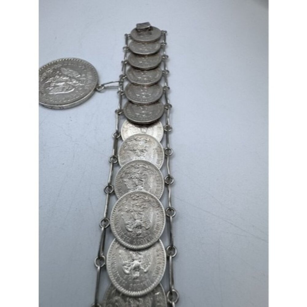 Vintage Mexican Coin Bracelet Solid Silver Unique Collectible Jewelry From 40s - Picture 13 of 16
